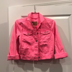 Hot pink (cropped) denim jacket